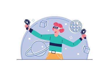 Cyberspace concept with people scene in the flat cartoon style. The girl plays games in the cyber space, which she got into with the help of digital gadgets. Vector illustration.