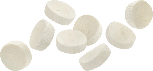 Flying mozzarella cheese slices isolated