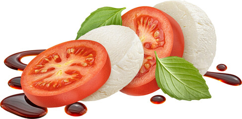 Mozzarella and tomato slices with basil and balsamic dressing isolated - obrazy, fototapety, plakaty