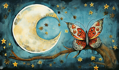 a cartoon of cute butterfly and the moon
