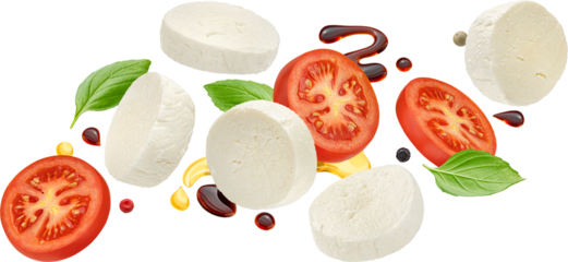 Mozzarella and tomato slices with basil and balsamic dressing isolated on white background
