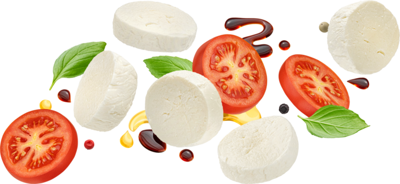 Mozzarella and tomato slices with basil and balsamic dressing isolated on white background