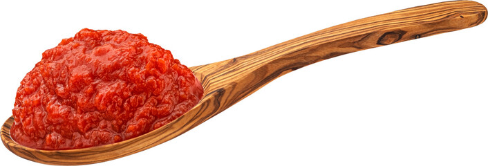 Tomato paste in wooden spoon isolated on white background