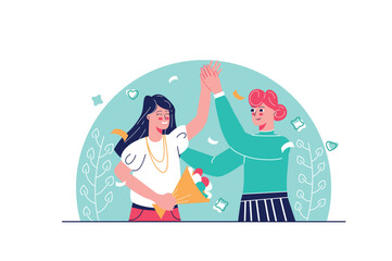 Team congratulates colleague concept with people scene in the flat cartoon design. A woman congratulates her colleague on the holiday and gives a beautiful bouquet of flowers. Vector illustration.