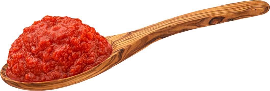 Tomato paste in wooden spoon isolated on white background