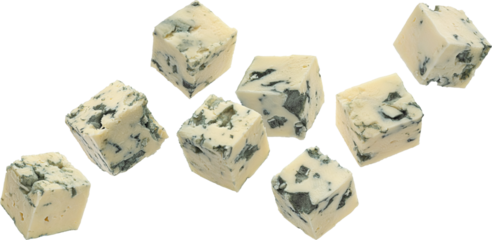 Falling blue cheese cubes isolated 