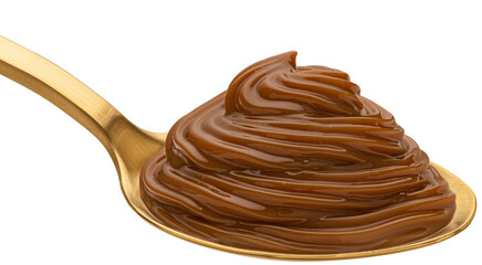 Caramel cream, boiled condensed milk swirl in spoon isolated