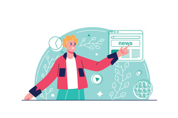 Internet news concept with people scene in the flat cartoon design. The guy reads the news on his phone and learns what is happening in the world. Vector illustration.