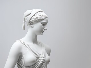 Antique Greek Woman Sculpture on grey pastel background. Minimalistic modern trendy y2k style. Ancient beautiful female goddess Beautiful Statue in profile.