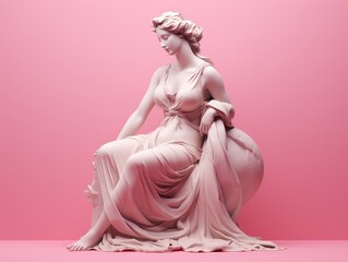 Ancient Greek full length Sculpture of a female goddess with pink pastel background. Antique Statue of a Woman in profile sits on a throne. Modern trendy y2k style. - obrazy, fototapety, plakaty