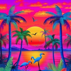 Fototapeta na wymiar a design featuring vibrant palm trees, colorful sunsets, and exotic birds to evoke the feeling of a tropical getaway