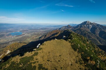 View of Schwarzkogel mountain in Carinthia, Austria on a sunny day, featuring lush green valleys