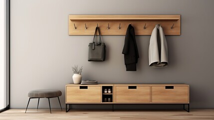 Wooden wardrobe with clothes hanging on the wall. 3d rendering