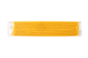 Spaghetti pasta in plastic package isolated on white background.