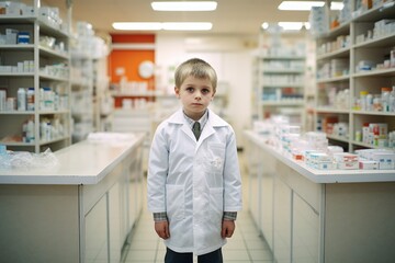 Obraz premium A boy pharmacist on the background of shelves with medicines