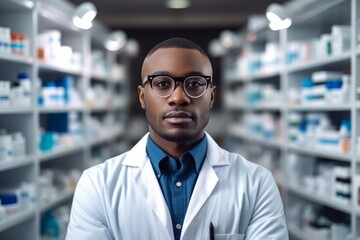 Obraz premium A african american man pharmacist on the background of shelves with medicines