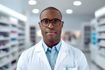 A african american man pharmacist on the background of shelves with medicines