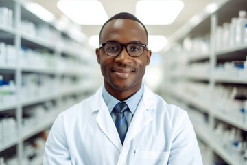 A african american man pharmacist on the background of shelves with medicines - obrazy, fototapety, plakaty