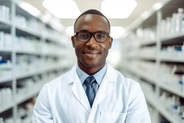 Schilderijen op glas A african american man pharmacist on the background of shelves with medicines © vasyan_23