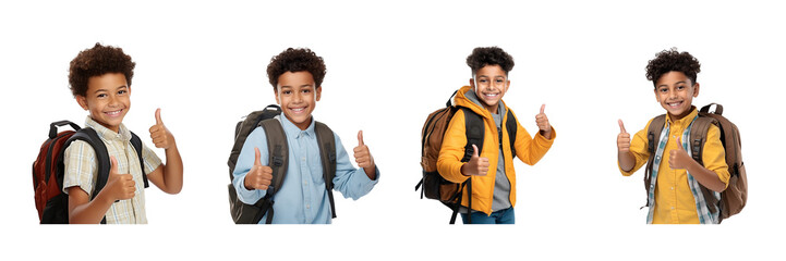 Set of Latino American boy with school backpack showing thumbs up isolated on transparent or white background - obrazy, fototapety, plakaty