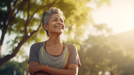 Mature Indian woman in sportswear, smiling in the park on sunny day