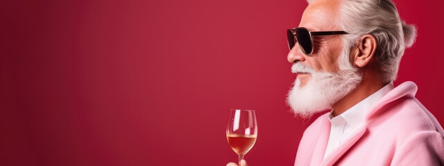 Brutal profile portrait of Santa Claus in red sunglasses with a glass of wine on a red background with copy space.