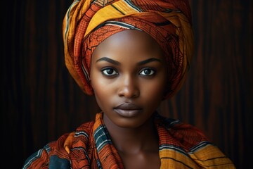 Close-up portrait of a Muslim dark-skinned woman with makeup wearing a turban against a dark background. - obrazy, fototapety, plakaty