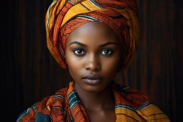 Foto op Canvas Close-up portrait of a Muslim dark-skinned woman with makeup wearing a turban against a dark background. © Владимир Солдатов