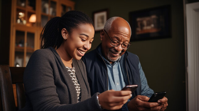 une adolescente apprend &agrave; son grand-p&egrave;re &agrave; se servir d'un t&eacute;l&eacute;phone, moment de complicit&eacute; dans la bonne humeur