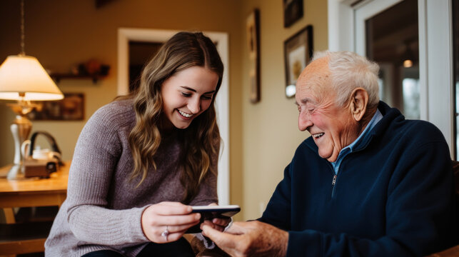 une adolescente apprend &agrave; son grand-p&egrave;re &agrave; se servir d'un t&eacute;l&eacute;phone, moment de complicit&eacute; dans la bonne humeur