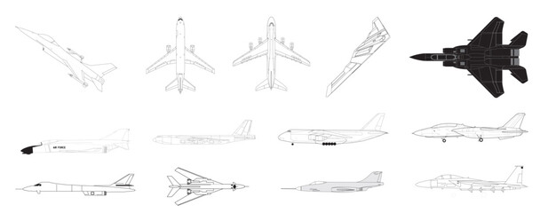 Passenger and Fighter Aircraft Airplanes in outlines - compendium vector illustrations editable best art design for logo icon multipurpose use in high definition format