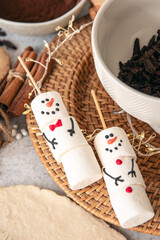 Snowman made of marshmallows, Christmas winter holiday decoration.