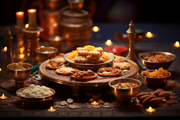 Representation of a Diwali feast, showcasing traditional sweets and dishes