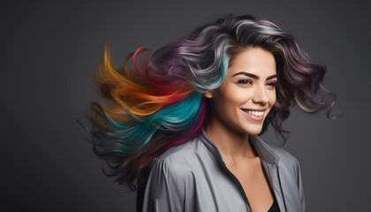 Indian woman, multi-colored hair, studio portrait,  light grey background