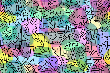  A hand-drawn drawing with black lines painted in bright colors.Seamless pattern.