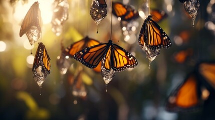 Amazing moment ,Monarch Butterfly, pupae and cocoons are suspended. Concept transformation of Butterfly - obrazy, fototapety, plakaty