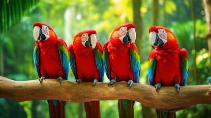 Ara parrots, Scarlet Macaw and Great green macaw, portrait of four red and green, colorful...
