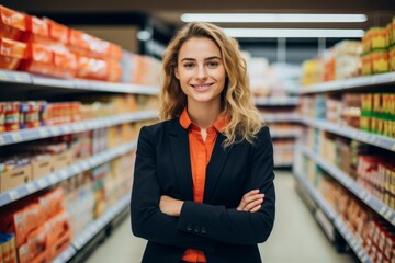 a happy woman seller consultant on the background of shelves with products in the store