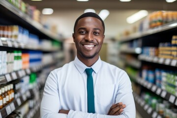 a happy african american man seller consultant on the background of shelves with products in the store