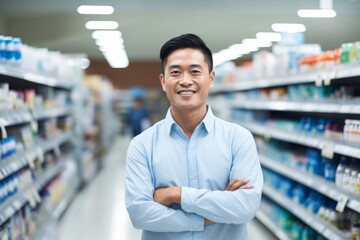 a happy asian man seller consultant on the background of shelves with products in the store