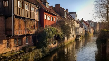 The cozy old town in fall weather by the canal 