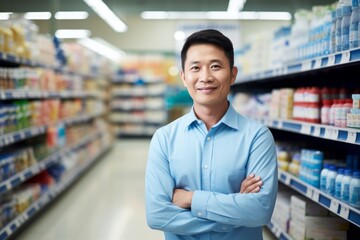 a happy asian man seller consultant on the background of shelves with products in the store