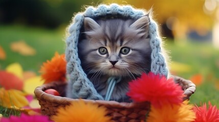 A small gray kitten lying in a basket full of multi-colored dahlias standing on the green grass of the lawn with a multi-colored cap on his head and a scarf around his neck. Cozy autumn concept - Powered by Adobe