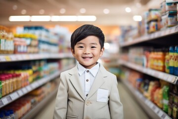 a happy asian child boy seller consultant on the background of shelves with products in the store - obrazy, fototapety, plakaty