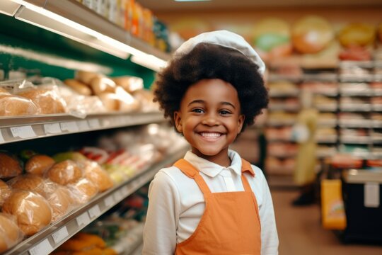 A Happy African American Child Boy Seller Consultant On The Background Of Shelves With Products In The Store