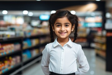 Obraz premium a happy indian child girl seller consultant on the background of shelves with products in the store