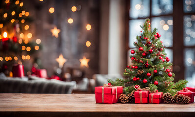 Naklejka na ściany i meble Wooden table, blurred Christmas background