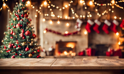 Fototapeta na wymiar Empty table, blurred Christmas background