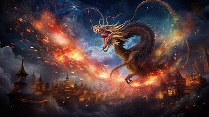 a fiery dragon-shaped fireworks breathing sparks and flames into the night sky, embodying the mythical essence of folklore and adding a touch of fantasy to the spectacle. - obrazy, fototapety, plakaty
