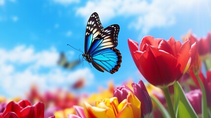 bright colorful blue morpho butterfly on a tulip flower against the blue sky